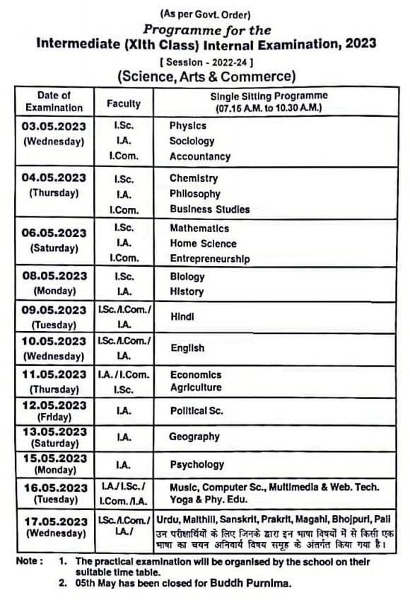 Bihar Board Class 9, 11 Date Sheet 2024 released at