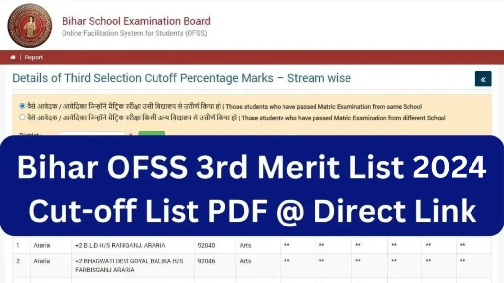 OFSS 3rd Merit List 2024 Link OUT | Bihar Board Class 11th Admission 3rd Merit List 2024 Direct Link
