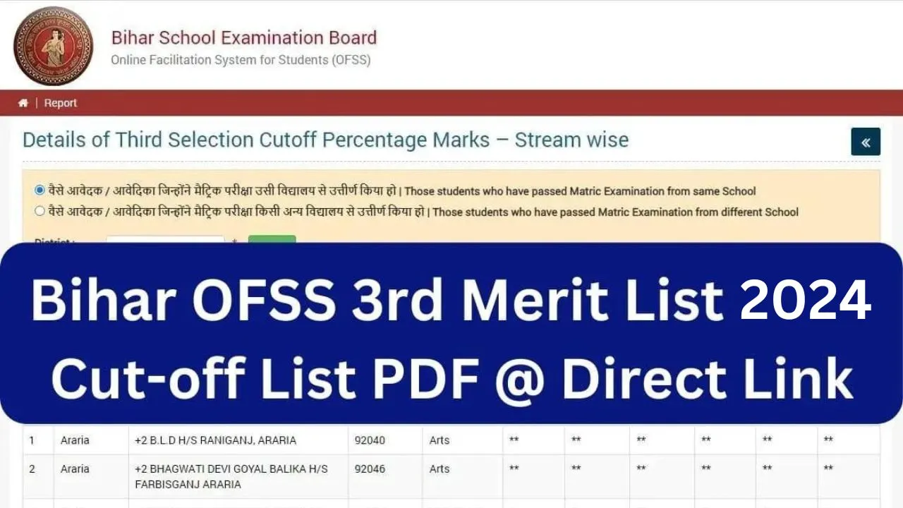 OFSS 3rd Merit List 2024 Link OUT Bihar Board Class 11th Admission