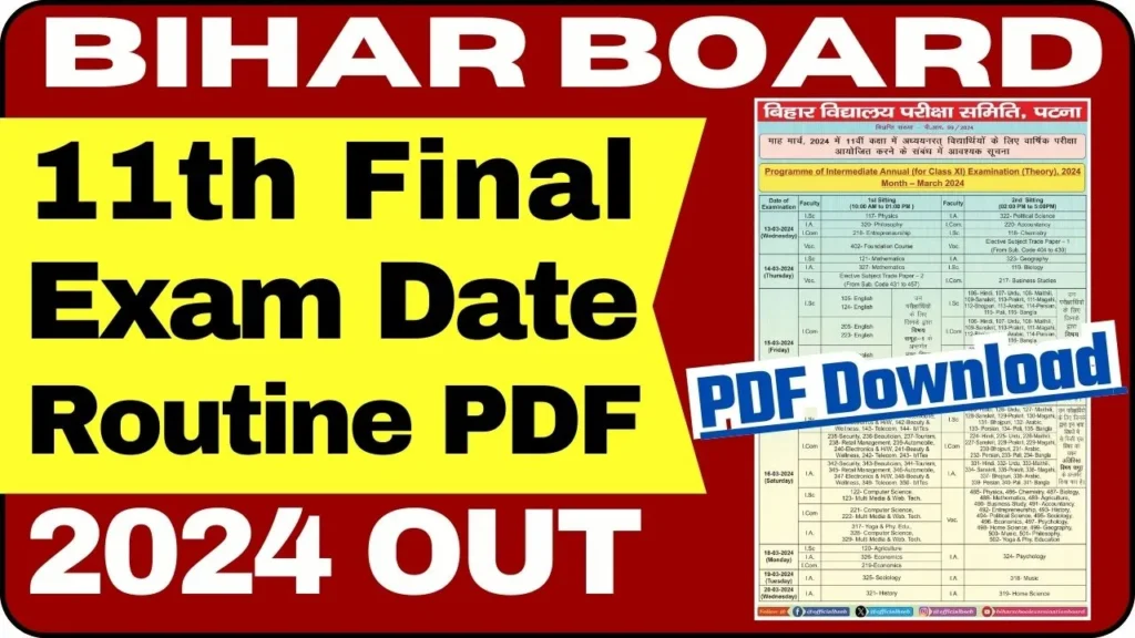 Bihar Board 11th Final Exam Routine PDF Download